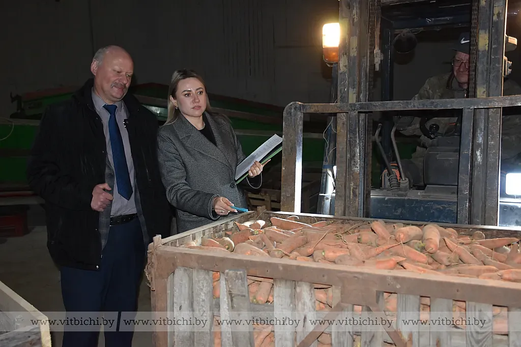 Специалист по маркетингу ПК «Ольговское» Алексей Соболевский и председатель Витебской областной профсоюзной организации Белорусского профсоюза работников АПК Татьяна Диканова на плодовоовощном хранилище в Витебске Специалист по маркетингу ПК «Ольговское» Алексей Соболевский и председатель Витебской областной профсоюзной организации Белорусского профсоюза работников АПК Татьяна Диканова на плодовоовощном хранилище в Витебске